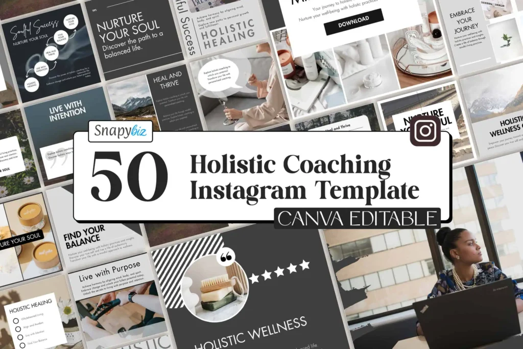 A banner-style presentation of 50 holistic coaching Instagram templates from Snapybiz, emphasizing customizable Canva options for branding and wellness themes.