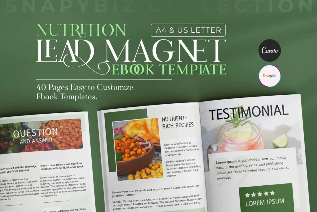 A promotional image for the nutrition ebook template, highlighting its easy-to-customize features and sections like nutrient-rich recipes and testimonials.