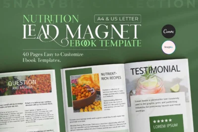 A promotional image for the nutrition ebook template, highlighting its easy-to-customize features and sections like nutrient-rich recipes and testimonials.