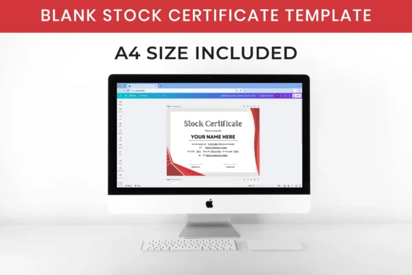 Printable Blank Stock Certificate Template Ct 280 Feature Image 7 Computer monitor displaying a fully customizable stock certificate template with a4 size specification, perfect for quick and easy professional use