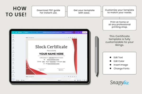 Printable Blank Stock Certificate Template Ct 280 Feature Image 8 Tablet screen showcasing the stock certificate editing interface in canva, highlighting customizable text, color changes, and font options