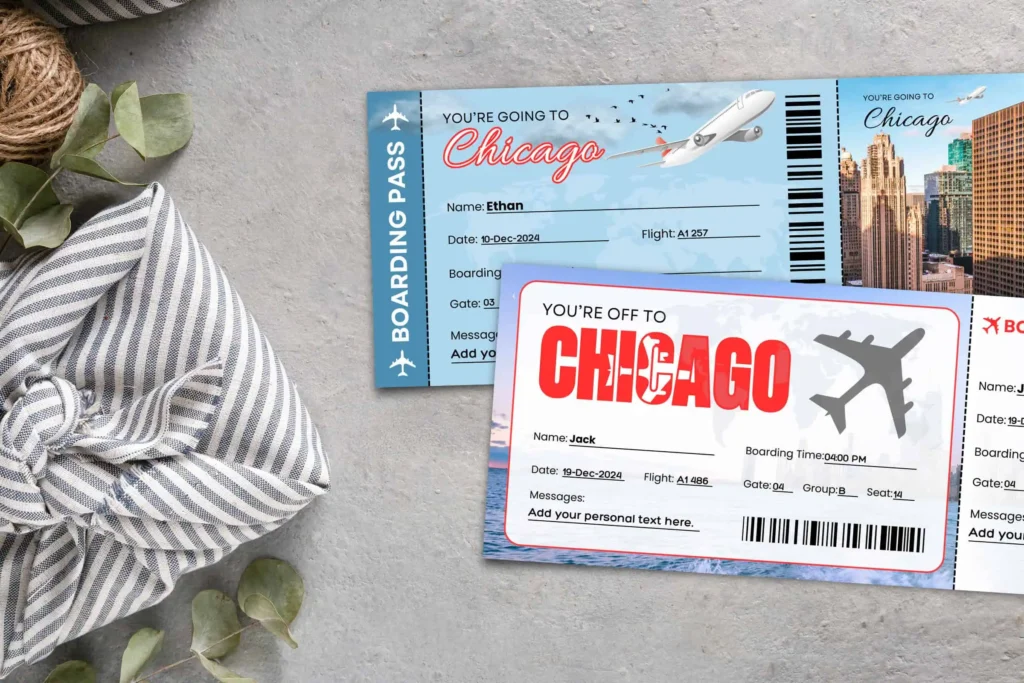 Editable Chicago Airline Ticket Canva Template
