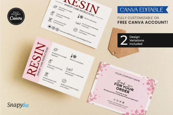 Resin Jewelry Care Card Template Fb 115 Feature Images 2 Trio of resin jewelry care cards laid out on a beige surface alongside rustic tags, highlighting the availability of design variations and canva editability.