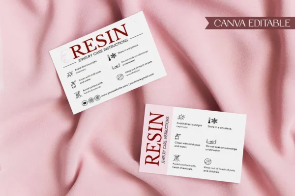 Resin Jewelry Care Card Template Fb 115 Feature Images 3 Pair of resin jewelry care cards displayed on soft pink fabric, emphasizing the elegant and professional design.