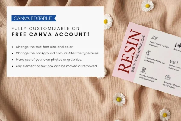 Resin Jewelry Care Card Template Fb 115 Feature Images 6 A resin jewelry care card held in hand with a blurred white background, highlighting the instructions and customizable features with an instant download callout.