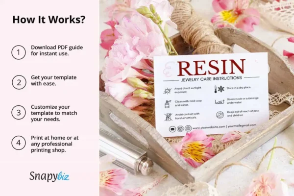 Resin Jewelry Care Card Template Fb 115 Feature Images 7 Text showcasing features of a resin jewelry care card, set on a beige fabric with white daisies, emphasizing its customization options on canva.