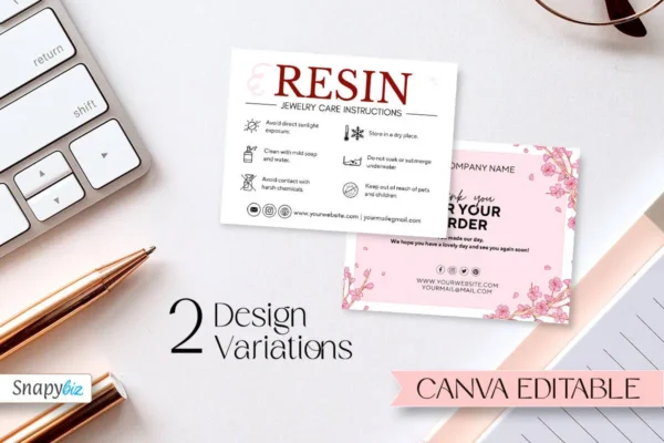 Resin Jewelry Care Card Template Fb 115 Feature Images 8 A resin jewelry care card on a wooden tray surrounded by pink flowers and natural elements, with text detailing the easy steps to download, customize, and print the template.