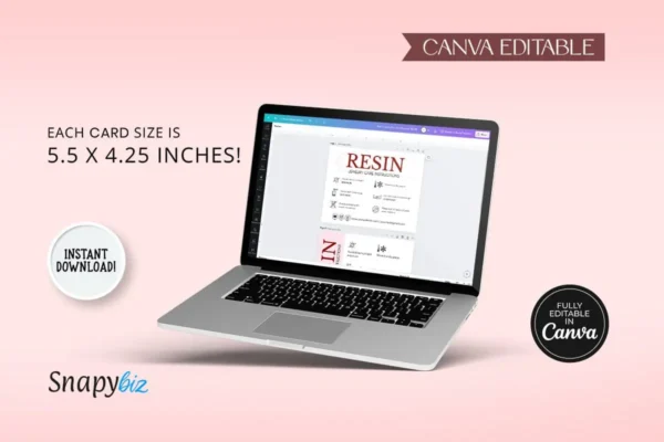 Resin Jewelry Care Card Template Fb 115 Feature Images 9 Laptop screen showing a canva editor interface featuring a resin jewelry care instruction card template, highlighting its editable nature with text on the side indicating the card size.