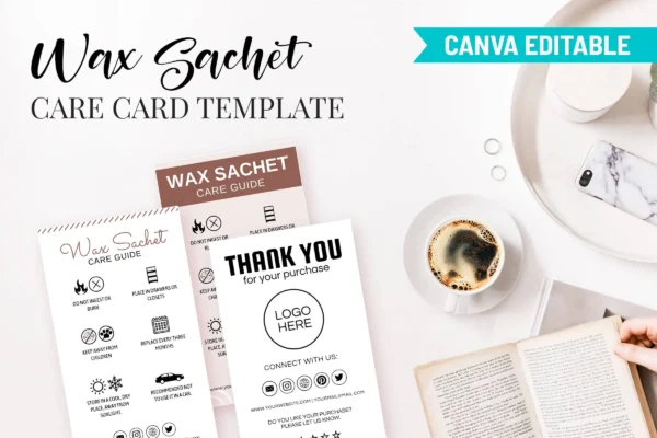 Wax Sachet Care Card Template Cc 301 Feature Images 2 Detailed layout of wax sachet care and thank-you cards with customization information and social media icons.