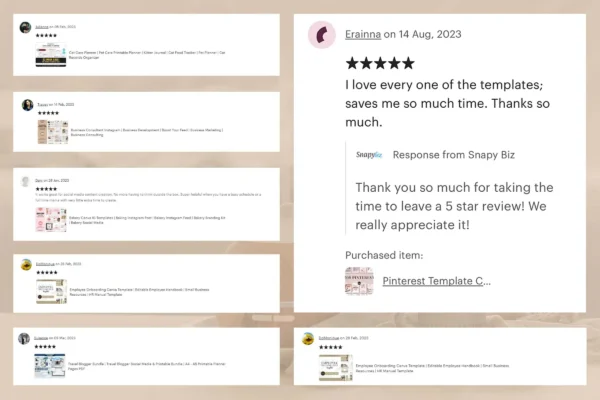 Wax Sachet Care Card Template Cc 301 Feature Images 8 Customer reviews displayed with five-star ratings and positive testimonials for different templates.