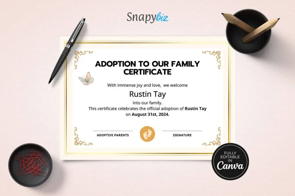 A pink-accented adoption certificate with a customizable logo area displayed on a soft beige background, accompanied by the Snapybiz logo.