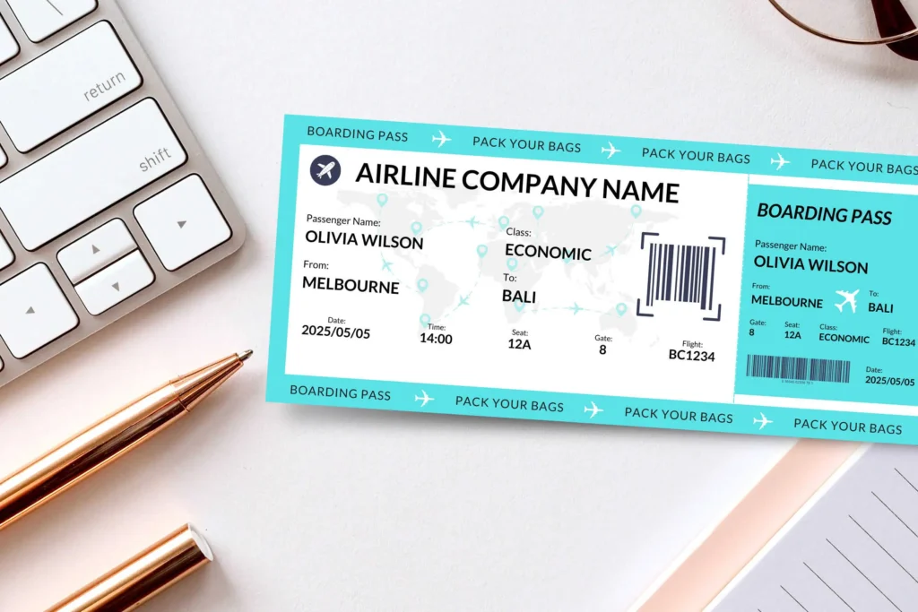 A mock boarding pass template designed for a trip from Melbourne to Bali featuring a teal and white color scheme. The passenger name is Olivia Wilson, and the flight details, including class as economic, seat number 12A, gate 8, and flight BC1234, are prominently displayed. A minimalist world map with location markers and a barcode adds to the modern aesthetic. The design includes the text "Pack Your Bags" repeated in the border for an elegant touch.