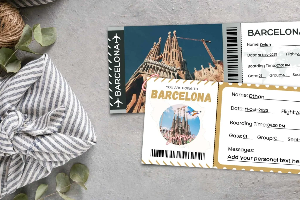 A close-up of the Barcelona trip ticket set styled with cozy fabric and green leaves, emphasizing the aesthetic presentation.