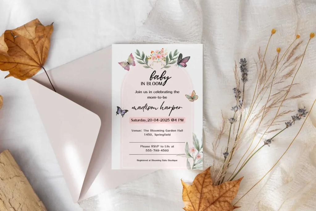 A printed baby shower invitation on a white fabric surface, surrounded by dried leaves and flowers, with an open envelope.