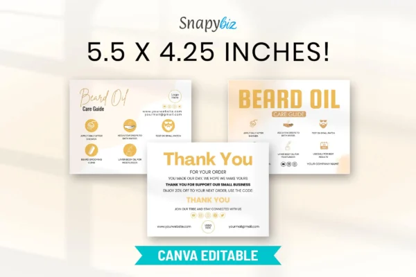 A promotional image showcasing a set of three beard oil care guide and thank-you cards, highlighting the size of 5. 5 x 4. 25 inches and canva editability.
