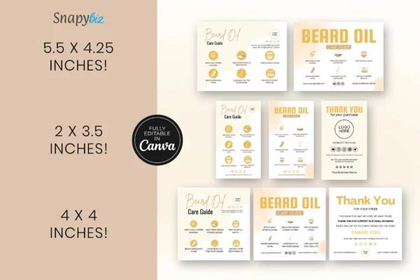 A visual representation of different size options for the beard oil care guide and thank-you cards, labeled as fully editable in canva.