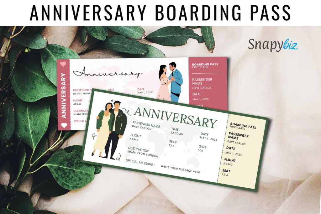 A close-up of two anniversary boarding passes placed on a textured surface with green leaves. One pass is in a romantic pink theme, depicting a couple dancing, while the other is in a minimalist green design with a couple standing side by side. The Snapybiz logo is positioned in the top right corner, reinforcing the brand identity.