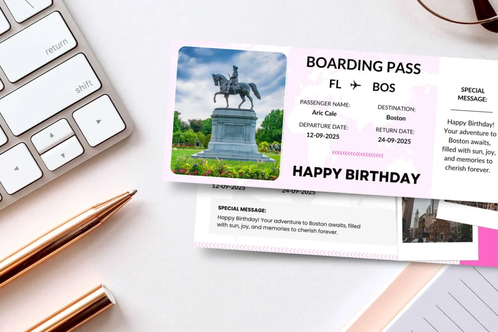 Two variations of boarding pass templates displayed on a rustic wooden background. The first design is pink-themed with the same details as the previous image, featuring a statue in a park. The second design has a white and pink layout with an image of urban architecture, showing vibrant city life. Text highlights the boarding pass size as 8.35 x 3.5 inches and promotes Canva's editable features.