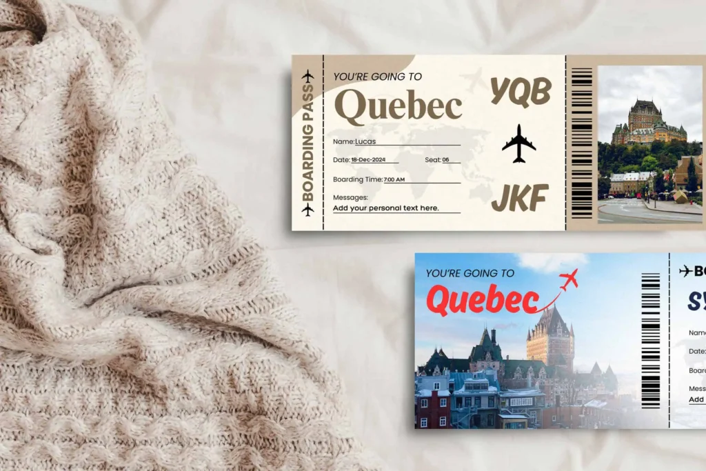 Two boarding pass-style templates displayed on a cozy, textured background with a beige knitted fabric. The first template features a beige theme with bold text indicating a trip to Quebec, a map outline, flight codes, and a placeholder for personalized text. The second template displays a vibrant blue and red theme with a Quebec skyline image, an airplane graphic, and editable text fields.