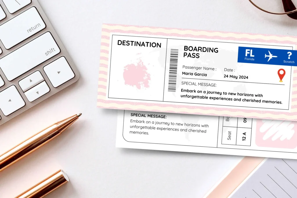 Two boarding pass templates presented on a white wooden surface. The first has a minimalistic black-and-white design with a "scratch" section, flight number "AB123," and seat number "12A." The second features a pastel pink theme with a subtle world map background, a Florida destination marker, and a barcode. Above the passes, the text states the dimensions "8.35 x 3.5 inches." A "Canva Editable" banner is placed at the bottom left, and a "2 Design Variations" label is in the top right.