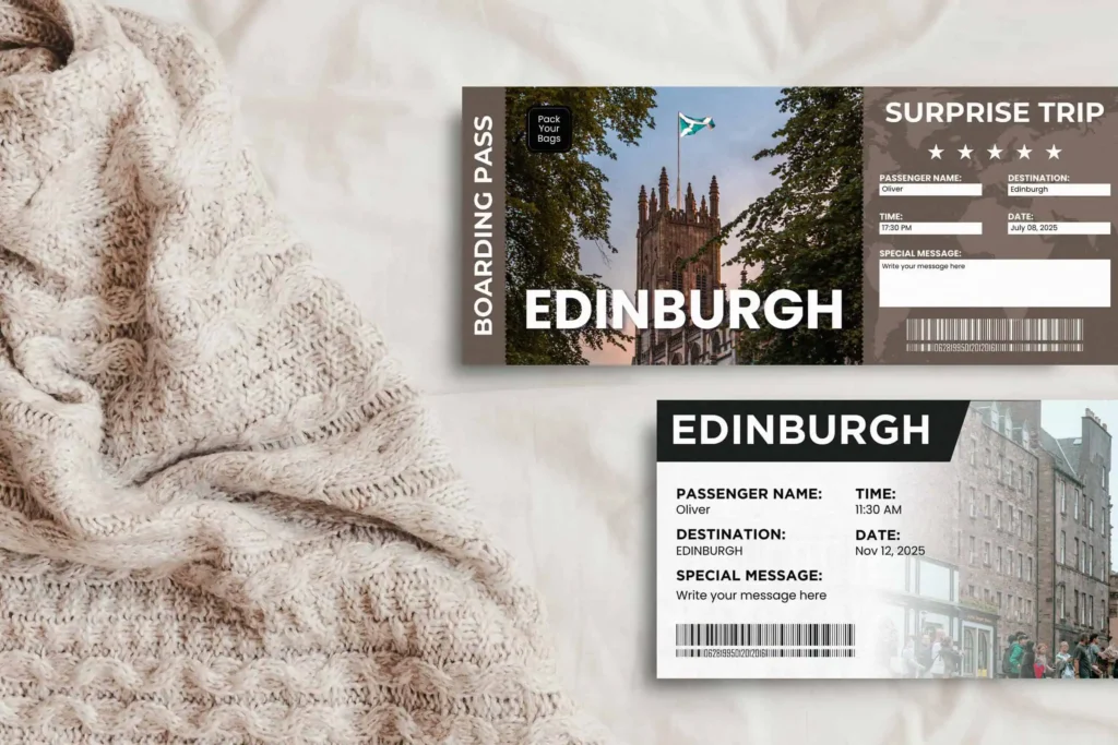 Two customizable boarding pass designs for a surprise trip to Edinburgh, including text fields for passenger name, destination, time, date, and a personalized message. The passes feature scenic views of Edinburgh, such as historic buildings, and are placed on a soft, textured surface.