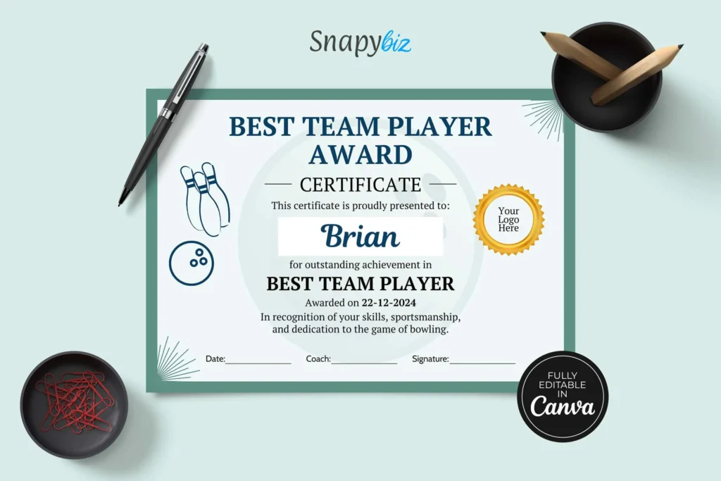 The "Best Team Player Award" certificate displayed on a clean workspace with a black pen and a bowl of red paper clips. The certificate has a green border and includes bowling-themed graphics like a bowling ball and pins. It features editable text for the recipient's name, award title, and date, along with placeholders for the date, coach's name, and signature. A gold seal logo placeholder is also visible, emphasizing the certificate's professional design.