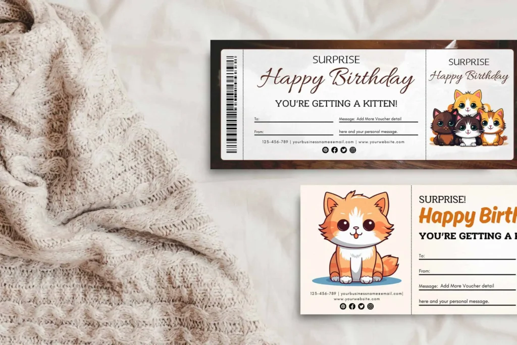 A cozy beige knitted blanket is spread on a soft surface. Placed on it are two kitten-themed gift certificate templates. One features an orange-and-white cartoon kitten with large, cute eyes, while the other displays a group of four kittens in different colors. Each certificate includes sections for customization such as "To," "From," and "Message," with social media icons and contact details at the bottom.