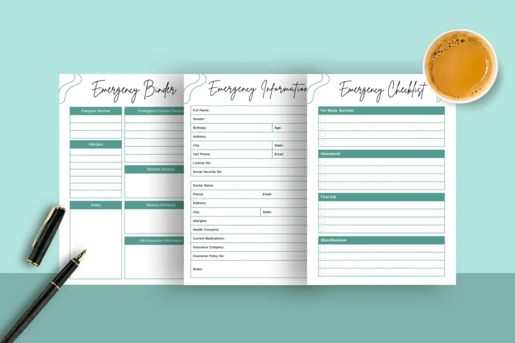 A focused view of the emergency binder template emphasizing key categories like emergency contact information and health-related fields, set in a professional teal and white design.