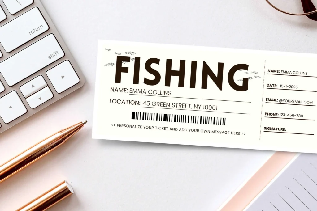 Two fishing trip ticket designs are displayed, one with a vintage-style black-and-white layout and the other with a modern blue-and-red border featuring fishing illustrations. The text mentions the ticket size as 8.35 x 3.5 inches, and a "Canva Editable" ribbon is placed at the bottom left.