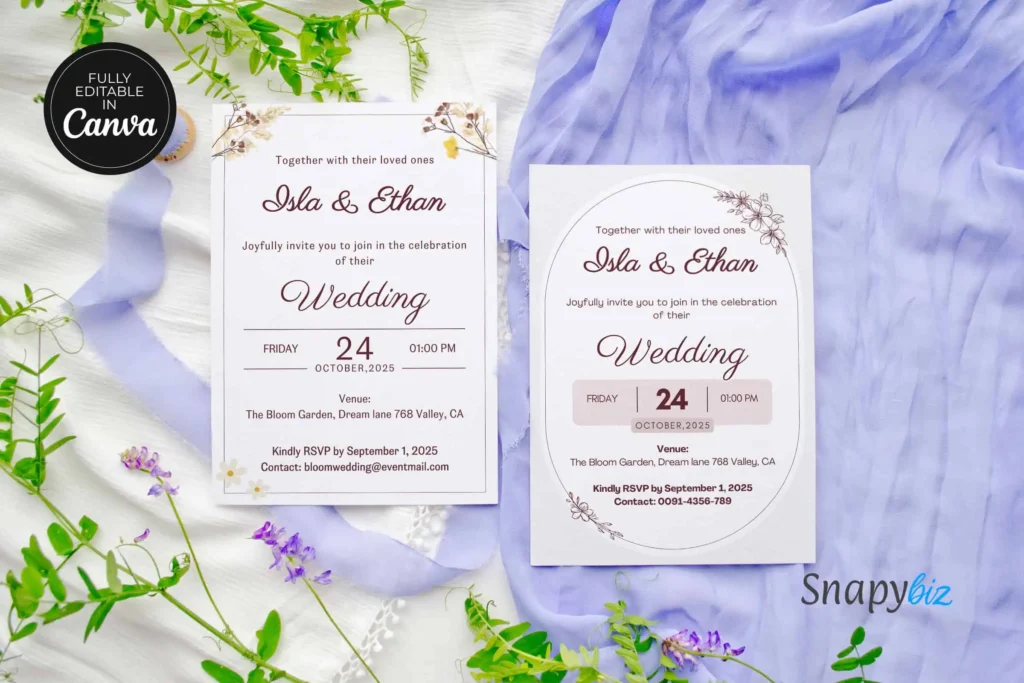 Two different wedding invitation designs with floral accents placed on a white and lavender fabric, surrounded by fresh greenery and flowers, featuring a Canva editable badge.