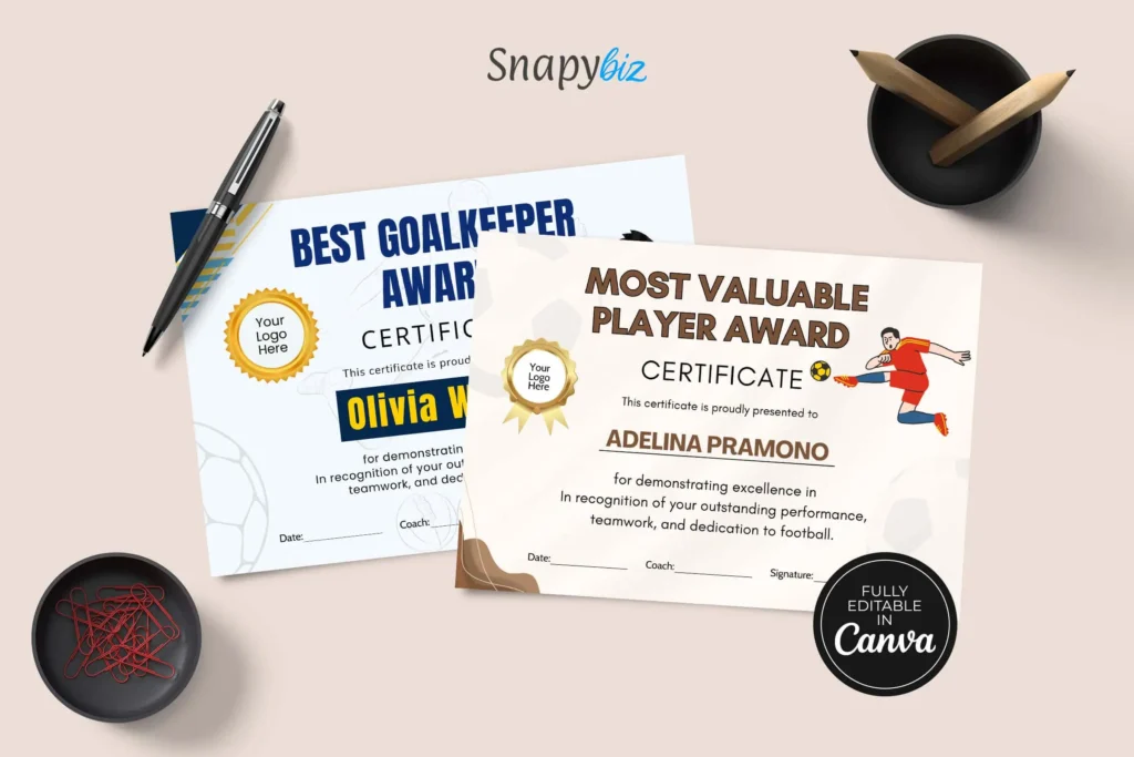 Two football award certificates displayed with additional props such as a black pen and a bowl containing red paper clips. The Best Goalkeeper Award features a cartoon soccer player in blue uniform kicking a ball, while the Most Valuable Player Award showcases a dynamic soccer player in red uniform mid-kick. The certificates highlight customizable options and the Canva editable feature.