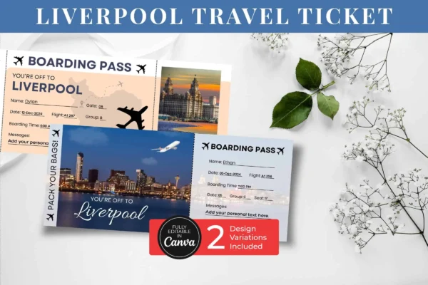 Liverpool Travel Ticket Bp 357 Feature Images 3 A promotional image showcasing two liverpool boarding passes. One features a city skyline at night, and the other highlights iconic city landmarks at sunset. The background includes a white cloth, green leaves, and flowers to create a refreshing aesthetic.