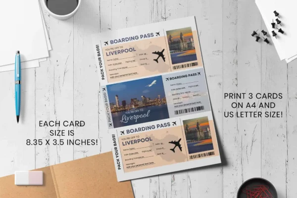 Liverpool Travel Ticket Bp 357 Feature Images 4 A printed sheet containing three liverpool boarding passes on an a4-sized paper. The passes include both daytime and nighttime cityscapes, with clear labels for gate, group, and seat details, positioned on a white desk with pens and clips.