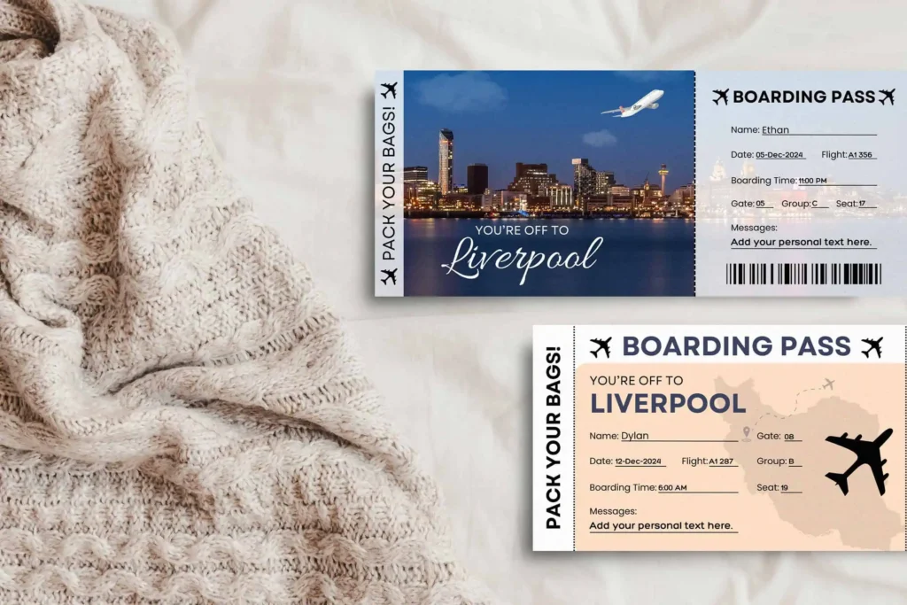 Two boarding pass templates designed for a trip to Liverpool, laid on a soft beige knitted fabric. The top boarding pass displays a city skyline under a night sky with an airplane in flight, while the bottom pass shows a light brown background with a world map and an airplane graphic. Both passes are customizable with name, date, flight, and gate information.