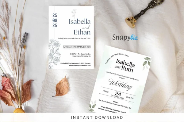 A wedding invitation template featuring elegant designs for couples, displayed on a cozy fabric background with dried leaves and flowers.