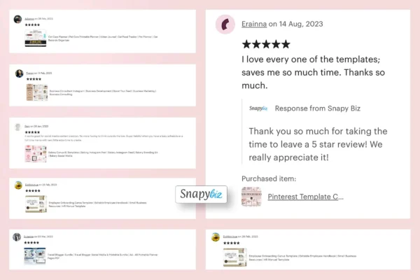 A collage of positive customer reviews, showcasing five-star ratings and testimonials for digital templates offered by snapybiz.