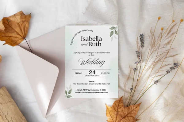 A close-up view of a wedding invitation card placed inside a partially open envelope, surrounded by autumn leaves and dried flowers.