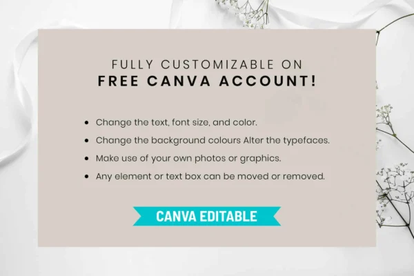 A customizable canva template advertisement on a neutral background, highlighting features like text and color editing.