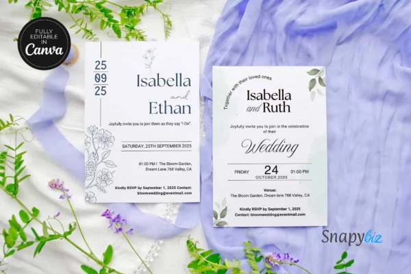 Two wedding invitation designs displayed on soft white fabric with floral decorations, showcasing their fully editable canva feature.