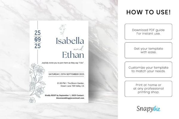 A guide on how to use the wedding invitation template, featuring a clean marble background and a step-by-step usage description.
