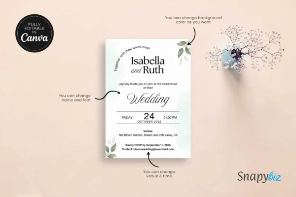 A minimalist wedding invitation design with customization options highlighted, such as name, font, background color, and venue details.