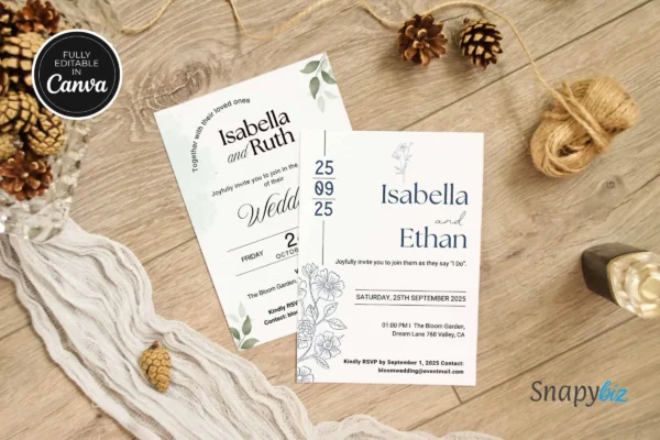 Two wedding invitation templates with elegant floral and modern typography, arranged on a rustic wooden surface with pinecones and twine.