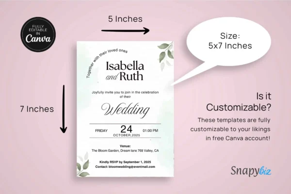 A wedding invitation template with highlighted size dimensions of 5x7 inches, emphasizing its customization options in canva.