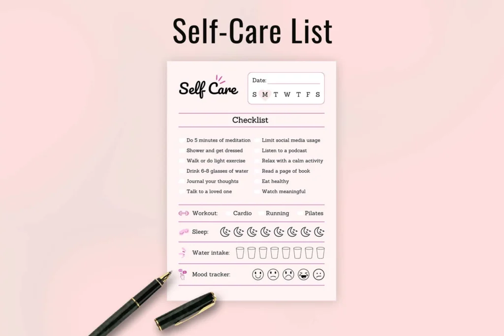 Self-Care Checklist Feature Image 3 - A centered self-care checklist with a minimalistic design on a soft pink background, featuring a structured list of activities for well-being.