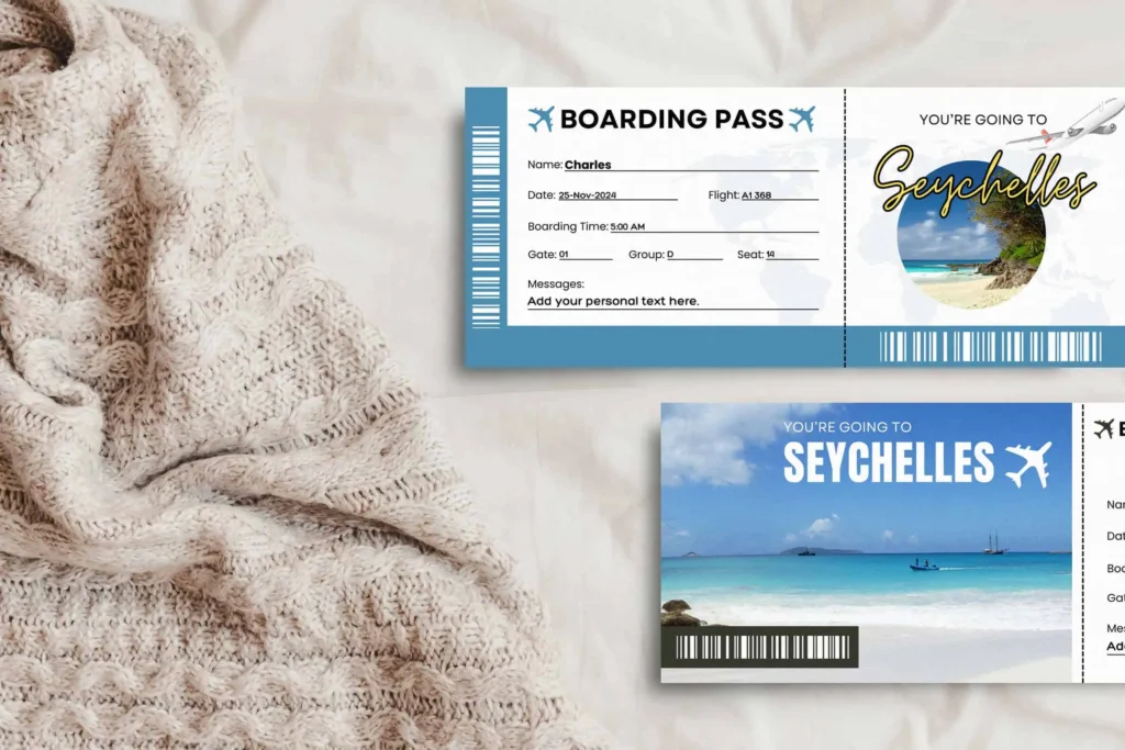 A printable layout showcasing three Seychelles boarding passes on a single sheet, optimized for A4 and US letter sizes. Each pass is labeled with editable fields, and the image highlights the precise dimensions for easy printing and cutting.