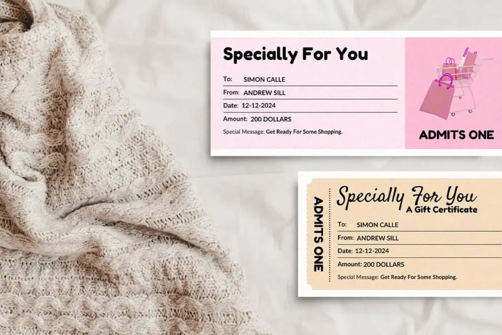 Image 2: Two printed shopping spree gift certificates placed on a cozy knitted fabric background, one pink-themed with a shopping cart icon and the other beige with shopping bags.