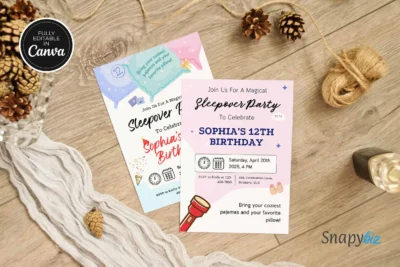 Two sleepover birthday invitations displayed on a rustic wooden surface surrounded by pinecones, twine, and a soft white cloth, giving a cozy and warm aesthetic. A "Fully Editable in Canva" badge is placed in the top left corner.