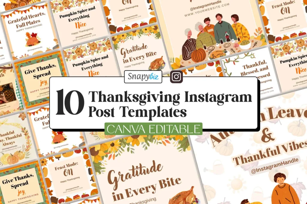 A collection of vibrant Thanksgiving-themed Instagram post templates featuring warm autumn colors, decorative illustrations of pumpkins, leaves, and seasonal motifs, perfectly designed to evoke the festive holiday spirit.