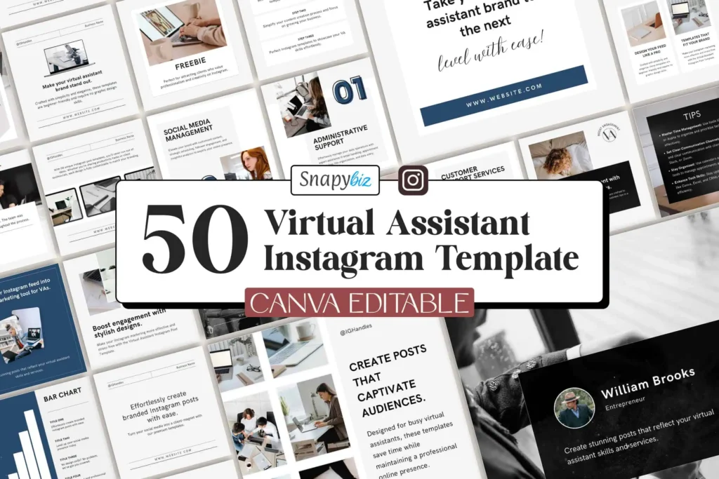 A professional layout of virtual assistant Instagram templates focusing on stylish and functional designs, perfect for engaging clients, enhancing brand visibility, and creating impactful social media posts effortlessly.