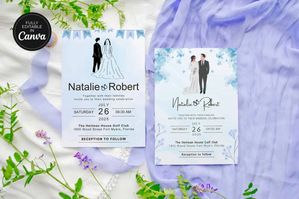 Two wedding invitation templates displayed on a white fabric background with green leaves and purple fabric, emphasizing the ability to fully edit them in Canva.